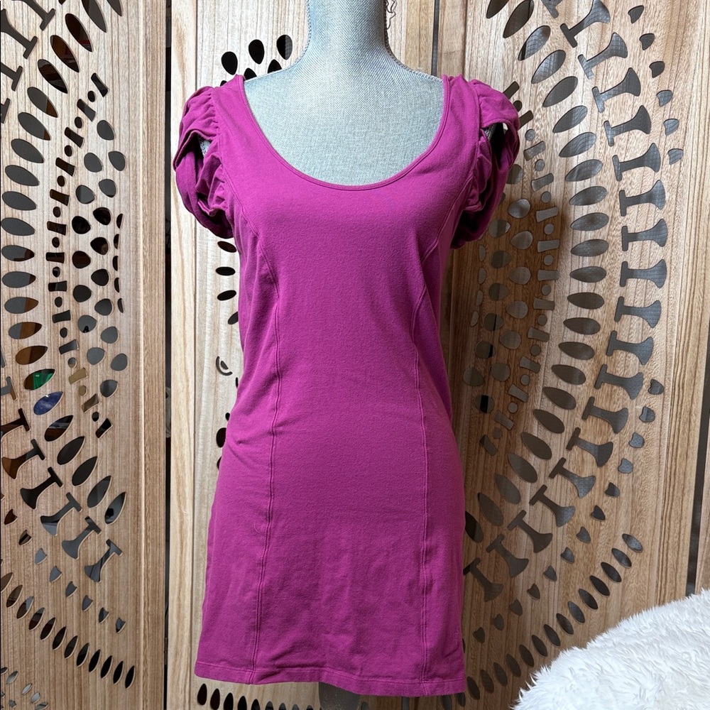 Free People Magenta Scoop-Neck Puff-Sleeve Mini Dress